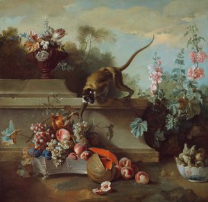 猿、果物、花のある静物、1724年。 作： Jean Baptiste Oudry