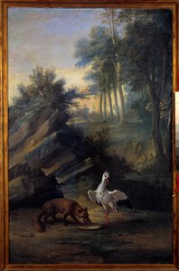 キツネとコウノトリ。ジャン・ド・ラ・フォンテーヌ（1621-1695）の寓話の挿絵。ジャン・バティスト・ウードリー（1686-1755）の絵画