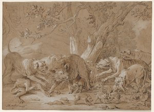 野生の雌豚と幼い犬による犬の攻撃、1748年。 作： Jean Baptiste Oudry