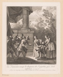 hoed van Ragotin 作のワーク ニット La Rancune が Ragotin の帽子を切り落とす (オブジェクトのタイトル) Roman Comique van Scarron (シリーズ タイトル) のシーン 作： Jean Baptiste Oudry
