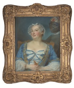 青いドレスの女性と黒い使用人の肖像 作： Jean Baptiste Perronneau