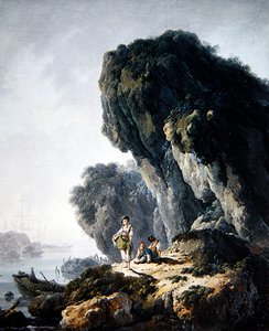 岩の上の人物がいる海岸の風景（油彩・キャンバス） 作： Jean Baptiste Pillement