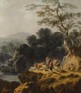 牧夫と旅行者のいる川渓谷の風景 作： Jean Baptiste Pillement