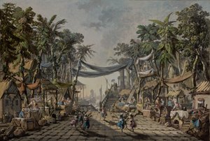 想像上のオリエンタル ポートの市場シーン、c。 1764年（キャンバスに油彩） 作： Jean Baptiste Pillement