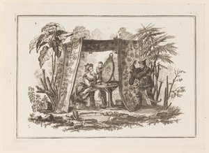 鏡をのぞく女たち、「中国史の異なる六枚の新しいノート」より 作： Jean Baptiste Pillement