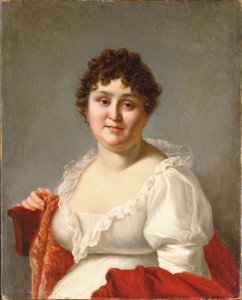 白いドレスと柿のショール（キャンバスに油彩）を着たバスト丈のマダム・レグノーの肖像画 作： Jean Baptiste Regnault
