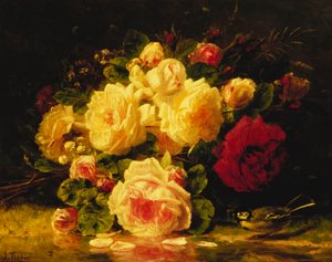 ストリームによる青いシジュウカラとバラ、 作： Jean Baptiste Robie