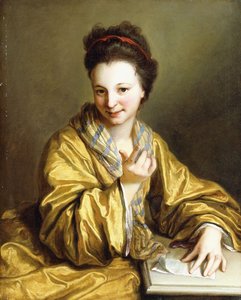 テーブルに座って黄色いローブを着た若い女性、ベッコニング、1703年 作： Jean Baptiste Santerre
