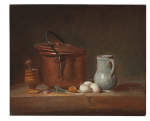 銅鍋、乳棒と乳鉢、投手、ねぎ、卵、たまねぎ 作： Jean Baptiste Simeon Chardin