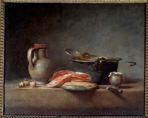 銅鍋、スキマー、水差し、鮭の切り身。静物画。ジャン・バティスト・シメオン・シャルダン（1699年～1779年 作： Jean Baptiste Simeon Chardin