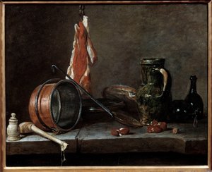 太ったメニューとキッチン用品。静物画。ジャン・バティスト・シメオン・シャルダン（1699-1779）の絵画 作： Jean Baptiste Simeon Chardin