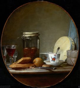 アプリコットとガラス。 1758 作： Jean Baptiste Simeon Chardin