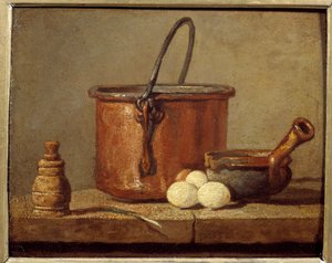 台所用品、大鍋、ポエロン、卵 ジャン・バプシテ・シメオン・シャルダン（1699-1779）の絵 18世紀 日0,21x0,17 m