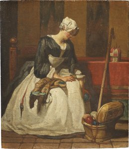La brodeuse - The Embroideress」シャルダン、ジャン・バティスト・シメオン（1699-1779）作。木に油彩。寸法：19x16.5 cm。ストックホルム国立博物館 作： Jean Baptiste Simeon Chardin