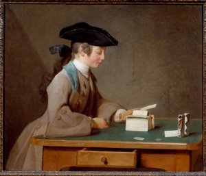 Le chateau de cartes ou le son de monsieur Le Noir ジャン・バティスト・シメオン・シャルダン(1699-1779)の絵画 1737 Sun.0,6x0,71 m ロンドン、ナショナル・ギャラリー - カードの家（またはノワール氏の息子） - ジャン・バティスト・シメオン・シャルダン（1699-1779）の絵画、油彩