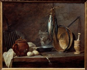 リーンのメニューとキッチン用品。静物画。ジャン・バティスト・シメオン・シャルダン（1699-1779）の絵画 作： Jean Baptiste Simeon Chardin