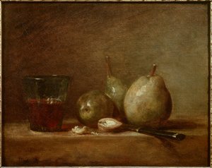 洋梨、ナッツ、ワイングラス。静物画。ジャン・バティスト・シメオン・シャルダン（1699-1779）の絵画
