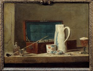 飲み物や煙草を入れるパイプと花瓶 ジャン・バティスト・シメオン・シャルダン（1699-1779）の絵画 18世紀 日0.32 x 0.42 m. パリルーヴル美術館 作： Jean Baptiste Simeon Chardin