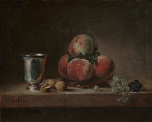 桃、銀のゴブレット、ブドウ、クルミのある静物、1759-60年頃（キャンバスに油彩） 作： Jean Baptiste Simeon Chardin