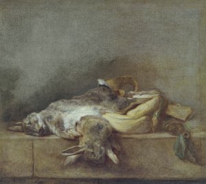 ウサギのある静物、ゲームバッグ、パウダーホーン、1755年頃 作： Jean Baptiste Simeon Chardin