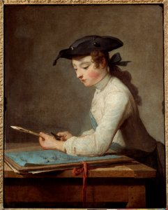 若い漫画家が鉛筆を彫る様子。ジャン・バティスト・シメオン・シャルダン（1699-1779）の絵画 作： Jean Baptiste Simeon Chardin