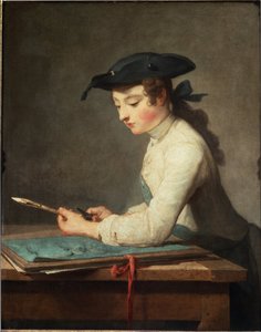 彼の鉛筆を彫る若い漫画家。ジャン・バプティスト・シメオン・シャルダンによる絵画 作： Jean Baptiste Simeon Chardin