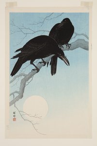 月下のカラス」（カラー木版画