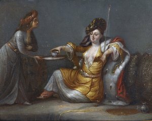 "The Sultana taking coffee" (La sultane prenant son cafe) ジャン・バティスト(Jean-Baptiste) ヴァンムール(Van Mour)(1671-1737)の流派の絵画 個人蔵 作： Jean Baptiste Vanmour