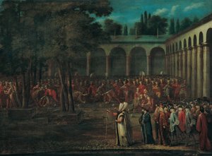 トプカプ宮殿の2番目の中庭を通過する大使代表団 作： Jean Baptiste Vanmour