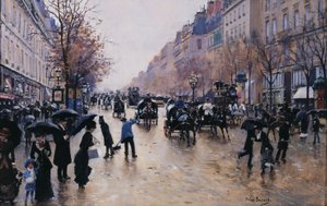 雨のポワソニエール大通り、1880年頃（油彩・カンヴァス） 作： Jean Beraud