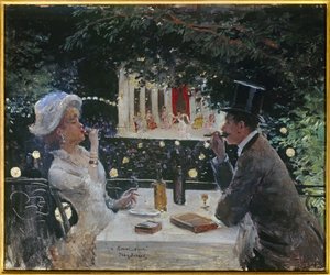 アンバサダーでのディナー。ジャン・ベロー（1849-1935）の絵画、20世紀。木に油彩。寸法：0.37 x 0.45m。パリ、カルナヴァレ美術館。 作： Jean Beraud