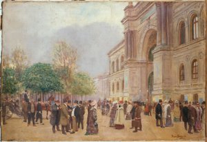 サロンを出る、パレ・ド・ランジュストリー、1890年頃（油彩・カンヴァス） 作： Jean Beraud