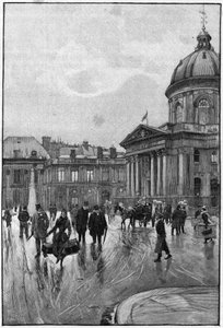 19世紀のパリの風景：フランス学士院のある左岸の風景。ベローの絵からフロリアンが彫ったもの。19世紀後半。世界の首都」の中の1つ。パリ」。 作： Jean Beraud