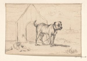 犬小屋の前に立っているひもでつながれた犬 作： Jean Bernard