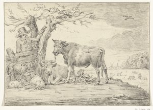 牛とフェンスのそばに立っている農夫 作： Jean Bernard