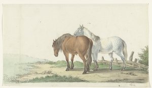 フェンスの横の道路に茶色と白の馬 作： Jean Bernard