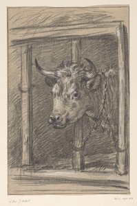 厩舎の鉄格子を通る牛の頭 作： Jean Bernard