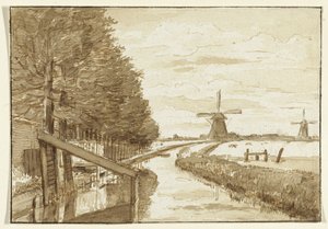運河と 2 つの風車のある風景 作： Jean Bernard