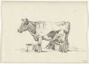立っている牛、牛乳バケツと牛乳スツール 作： Jean Bernard