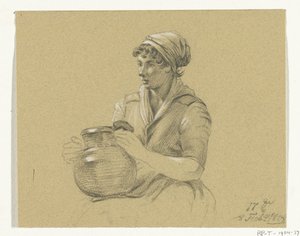 大きな水差しを持って座っている女の子 作： Jean Bernard