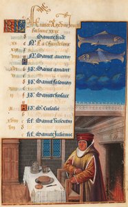 アワーズオブルイXII（以前のアワーズオブヘンリーVII）、2月のカレンダーリーフ、c.1490-1510（ベラムのテンペラ） 作： Jean Bourdichon