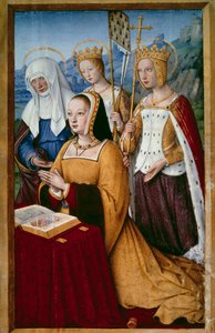 フランス王妃アンヌ・ド・ブルターニュ（1477-1514）の肖像。守護聖人である聖アンヌ、聖ヘレネ、聖ウルスルとともに祈りを捧げる姿。 ジャン・ブルディション（1457-1521）による「アンヌ・ド・ブルターニュの偉大な時間」（1503-1508）からのミニチュアです。パリ、B.N.