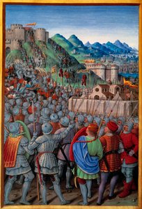 ジェノワは、フランス人が守るCastellacio de Genesを攻撃した（1507年3月12日）。1508年にジャン・マロが執筆した「Voyage de Genes」（Folio 20v）に掲載されているジャン・ブルディション（1457?-1521）のミニチュア。パリ、オランダ 作： Jean Bourdichon