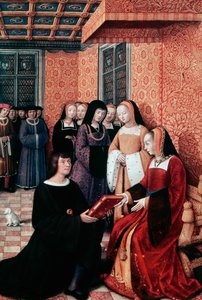 詩人ジャン・マロ（1450-1526）がブルターニュのアンヌ（1477-1514）に『ジェノバへの航海』を手渡す場面（1508年頃）、ジャン・ブルディション（1457-1521）による細密画。フランス