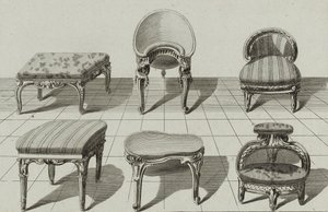 タブーレット、ビデ・ド・トワレ、マルシェピエ、1770年代半ばに出版された（敷紙にエングレービング 作： Jean Charles (after) Delafosse