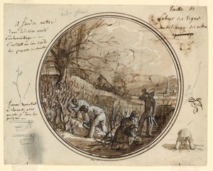 素描、絵付け磁器皿のデザイン、葡萄畑での裁断と作業、1819-20年 作： ジャン・チャールズ・デベリー