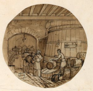 素描、絵付け磁器皿のデザイン、ワイン蒸留所の内部、1831-44年 作： ジャン・チャールズ・デベリー