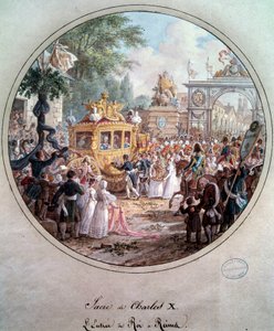 1825年5月、ランスでの国王シャルル10世の入場。ジャン・シャルル・ドヴェリー（1783-1849）の版画 作： Jean Charles Develly