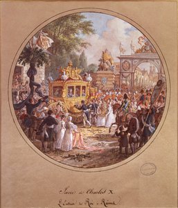 1825年5月28日、ランスへのチャールズX（1757-1836）の入口（紙にトイレ） 作： Jean Charles Develly