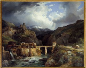 シンプロン街道のクレヴォラの村と橋。ジャン・シャルル・レモン（1795-1875）の絵 作： Jean Charles Joseph Rémond